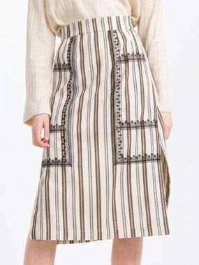 Zara Ecru/Black Embroidered & Striped Cotton Pencil Skirt- Sz. Med